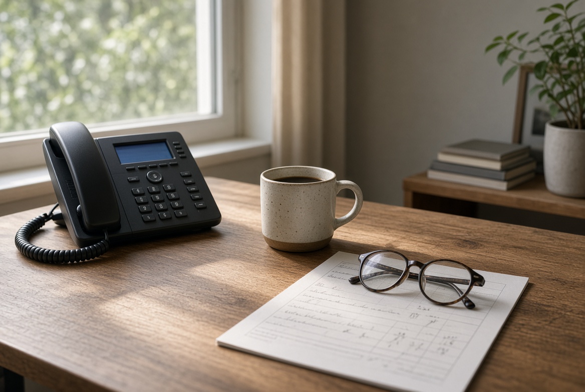 Desk phone, coffee, and a handwritten cost sheet on a small-business desk in morning light
