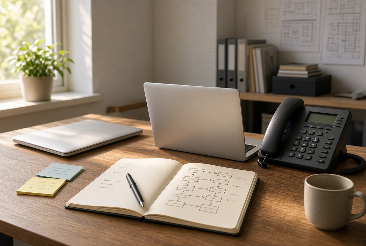 Planning notebook with call-flow sketches next to a desk phone and laptop